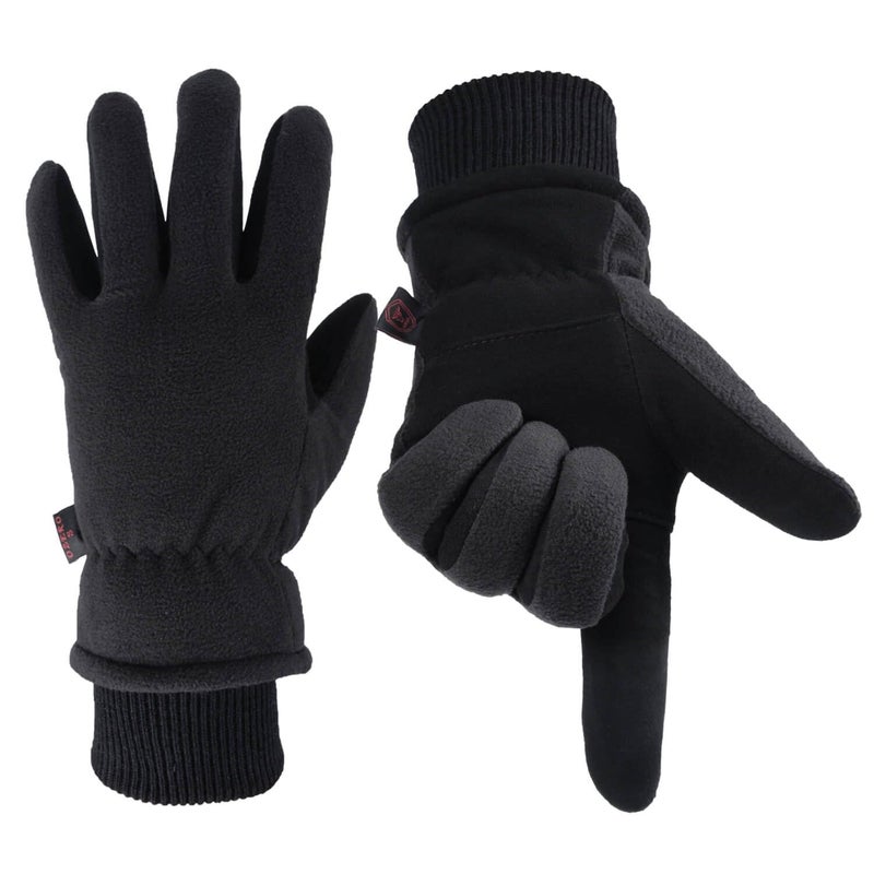 OZERO Winter Gloves Insulated Work Cold Proof Deerskin Suede Leather Thermal Fleece for Men and Women Denim-Black Small - Image 1