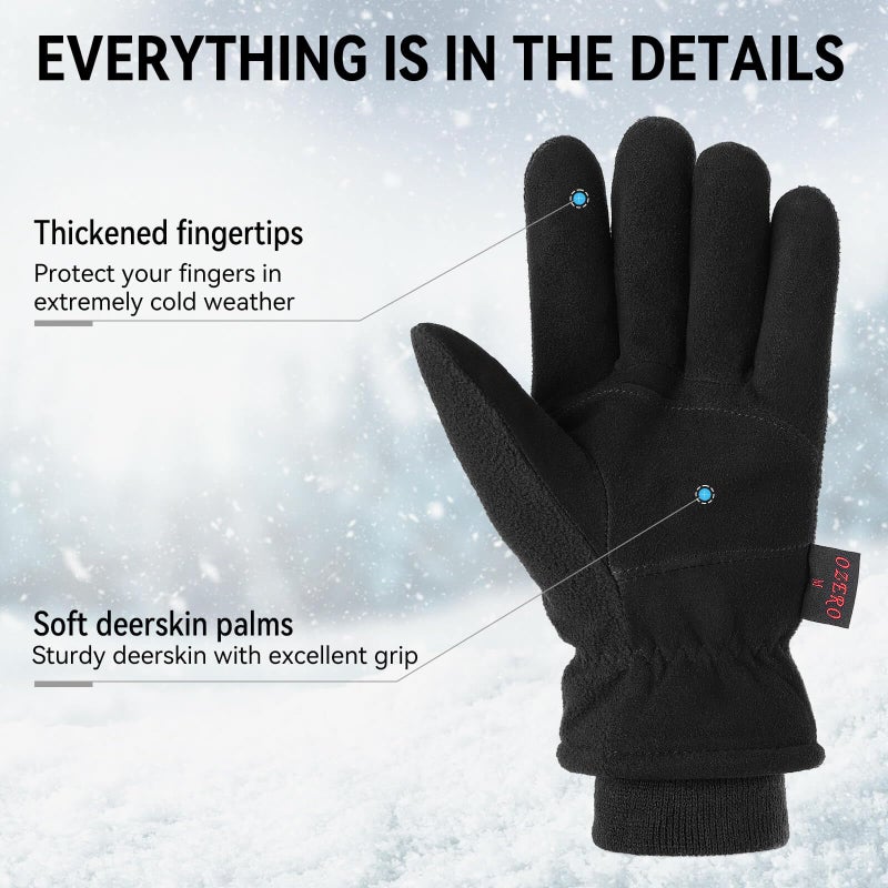 OZERO Winter Gloves Insulated Work Cold Proof Deerskin Suede Leather Thermal Fleece for Men and Women Denim-Black Small - Image 4