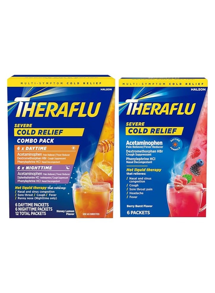 Theraflu Combo daytime and Nighttime severe cold relief honey lemon flavor powder 6 daytime +6 night time & berry burst 6 daytime free - Image 1