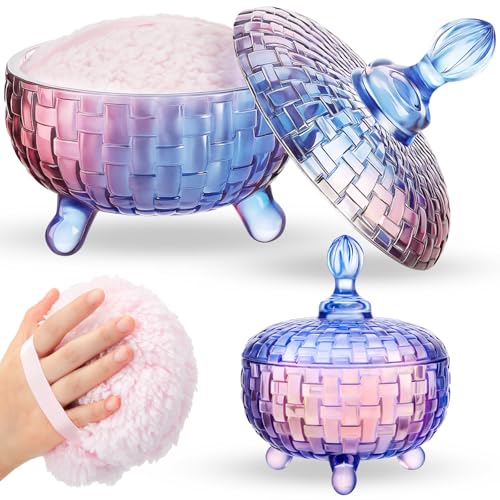 Tioncy 2 Pcs Extra Large Dusting Powder Puff and Container for Women6 Glass Crystal Dusting Powder Container with Body Soft Washable Reusable Velour FaceGradientWeave Design - Image 1