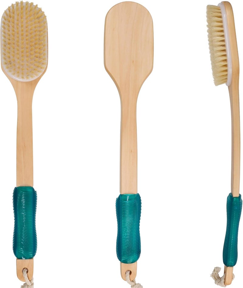 OWIIZI Back Scrubber for ShowerStiff Boar Bristles Wooden Curved Long Handle Antiskid Body Bath Brush for Back Use Wet or DryDeep Cleanse Large Surface Back Scrub Brush - Image 1