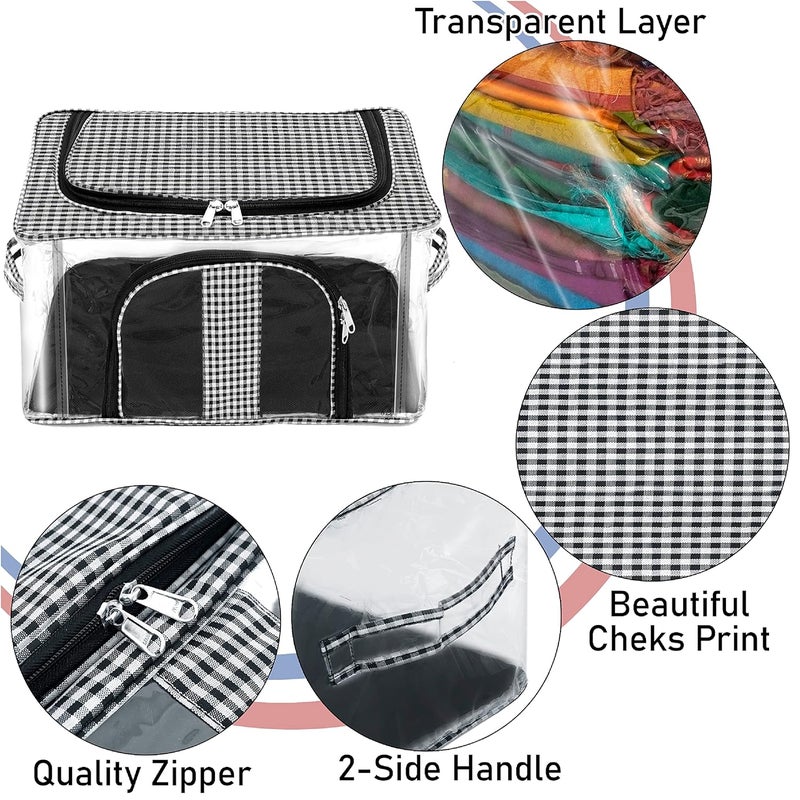 Storite 3 Pack Nylon 33 L PVC Transparent Moisture Proof ClothesSaree Covers with Zip for Storage Design for Woman DressesSareesLehngas for Wardrobe OrganizerChecks Design Black44x31x24cm - Image 3