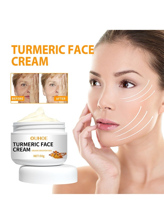 OUHOE Turmeric Face Cream, For Face & Body All Natural Turmeric Skin Brightening Lotion Turmeric Cleanses Skin Fights Acne Evens Tone Fades Scars Sun Damage & Age Spots Pure Turmeric Cream Healing 50g  - Image 2
