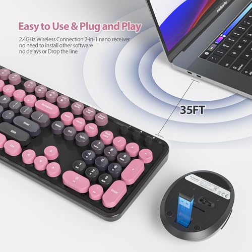 Owpkeenthy Keyboard and Mouse Wireless, Cute Retro Full-Size Cordless Keyboard with Number Pad 2.4 GHz Wireless USB Receiver for Computer (Heimei Pink) - Image 5