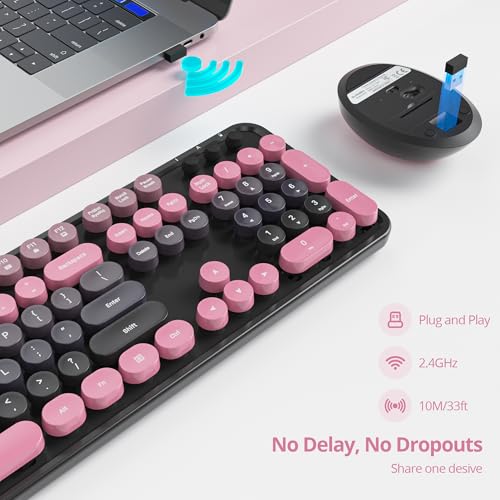 Owpkeenthy Keyboard and Mouse Wireless, Cute Retro Full-Size Cordless Keyboard with Number Pad 2.4 GHz Wireless USB Receiver for Computer (Heimei Pink) - Image 2