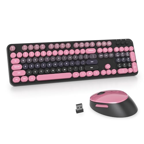 Owpkeenthy Keyboard and Mouse Wireless, Cute Retro Full-Size Cordless Keyboard with Number Pad 2.4 GHz Wireless USB Receiver for Computer (Heimei Pink) - Image 1
