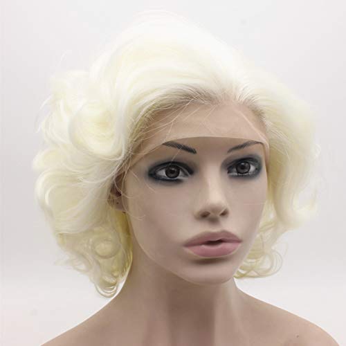 MX angel Short Curly Wavy Wig Half Hand Tied Synthetic Lace Front Natural Heat Resistant Wig Silver White Blonde - Image 1