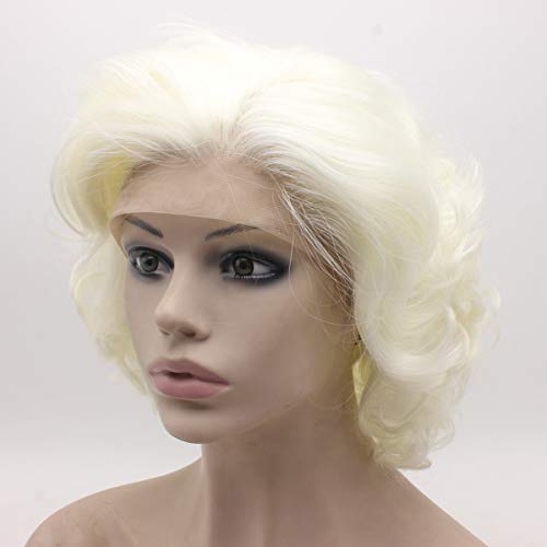 MX angel Short Curly Wavy Wig Half Hand Tied Synthetic Lace Front Natural Heat Resistant Wig Silver White Blonde - Image 2