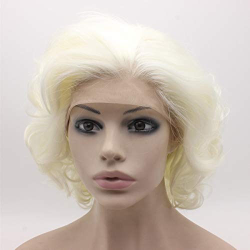MX angel Short Curly Wavy Wig Half Hand Tied Synthetic Lace Front Natural Heat Resistant Wig Silver White Blonde - Image 3