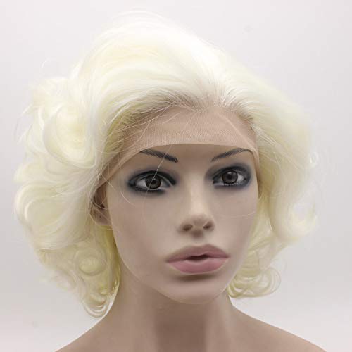 MX angel Short Curly Wavy Wig Half Hand Tied Synthetic Lace Front Natural Heat Resistant Wig Silver White Blonde - Image 4