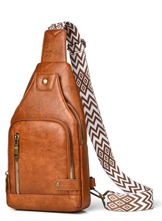 Small Sling Bag, Leather Chest Bag with Adjustable Strap, Lightweight Crossbody Backpack for Men and Women, Anti-theft PU Leather Shoulder Bag for Sports, Outdoor, Travel, Vintage Design (Brown) - Image 1
