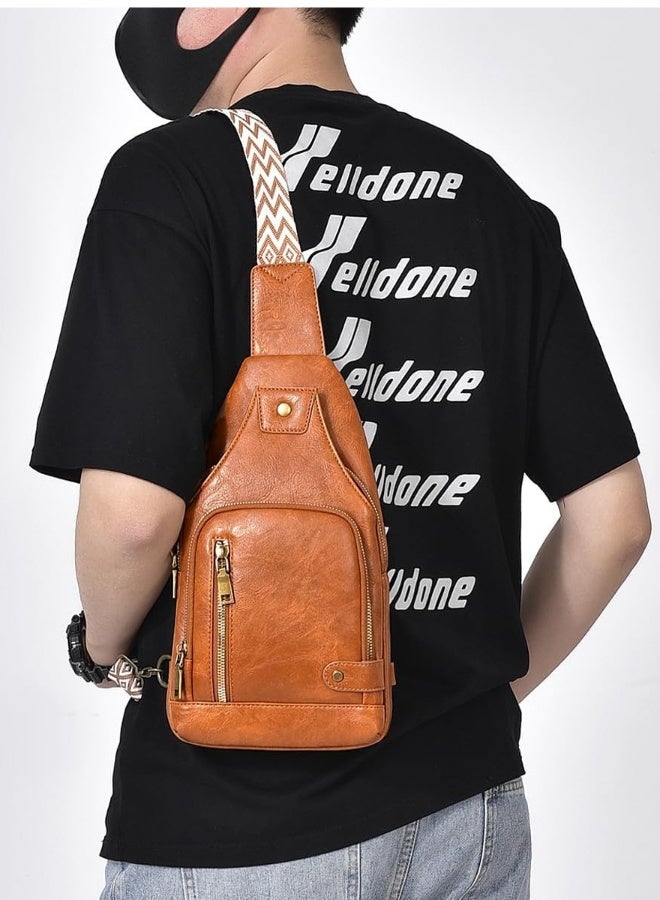 Small Sling Bag, Leather Chest Bag with Adjustable Strap, Lightweight Crossbody Backpack for Men and Women, Anti-theft PU Leather Shoulder Bag for Sports, Outdoor, Travel, Vintage Design (Brown) - Image 3