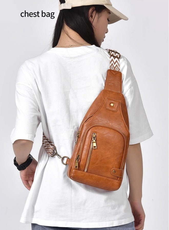 Small Sling Bag, Leather Chest Bag with Adjustable Strap, Lightweight Crossbody Backpack for Men and Women, Anti-theft PU Leather Shoulder Bag for Sports, Outdoor, Travel, Vintage Design (Brown) - Image 2