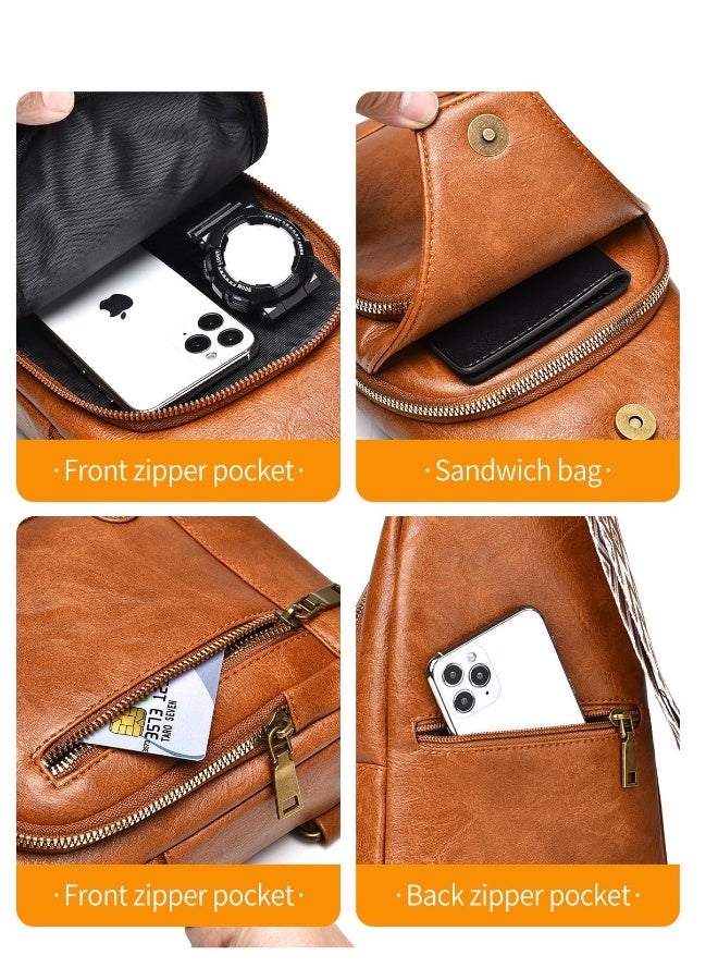 Small Sling Bag, Leather Chest Bag with Adjustable Strap, Lightweight Crossbody Backpack for Men and Women, Anti-theft PU Leather Shoulder Bag for Sports, Outdoor, Travel, Vintage Design (Brown) - Image 5