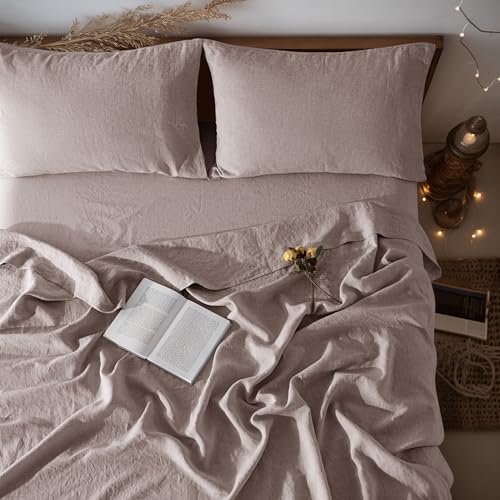 LBRO2M 100 Pure Linen Sheet Set Deep Pocket Up to 16 Bed Sheets Sets Natural Flax Beddings Soft Breathable Comfortable for All Seasons 4 Pcs Sheet Set Queen Size Mauve Desert - Image 1