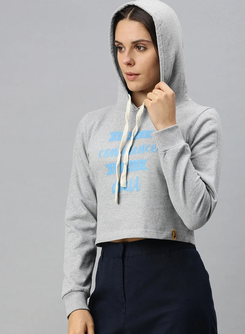 Women's Light Grey Inhale-Exhale Print Crop Hoodie
