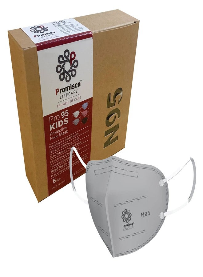 بروميسكا قناع وجه بروميسكا للأطفال N95 صغير الحجم (عبوة من 5 قطع) مع ترشيح من 5 طبقات وتقنية النفخ بالذوبان الأصلية (عبوة من 5 قطع، رمادي صغير) - Image 1