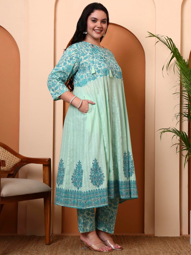 Yash Gallery Women's Green Cotton Dobby Calf Length 3/4th Sleeve Printed Anarkali Kurta Set with Pant & Dupatta - Image 3