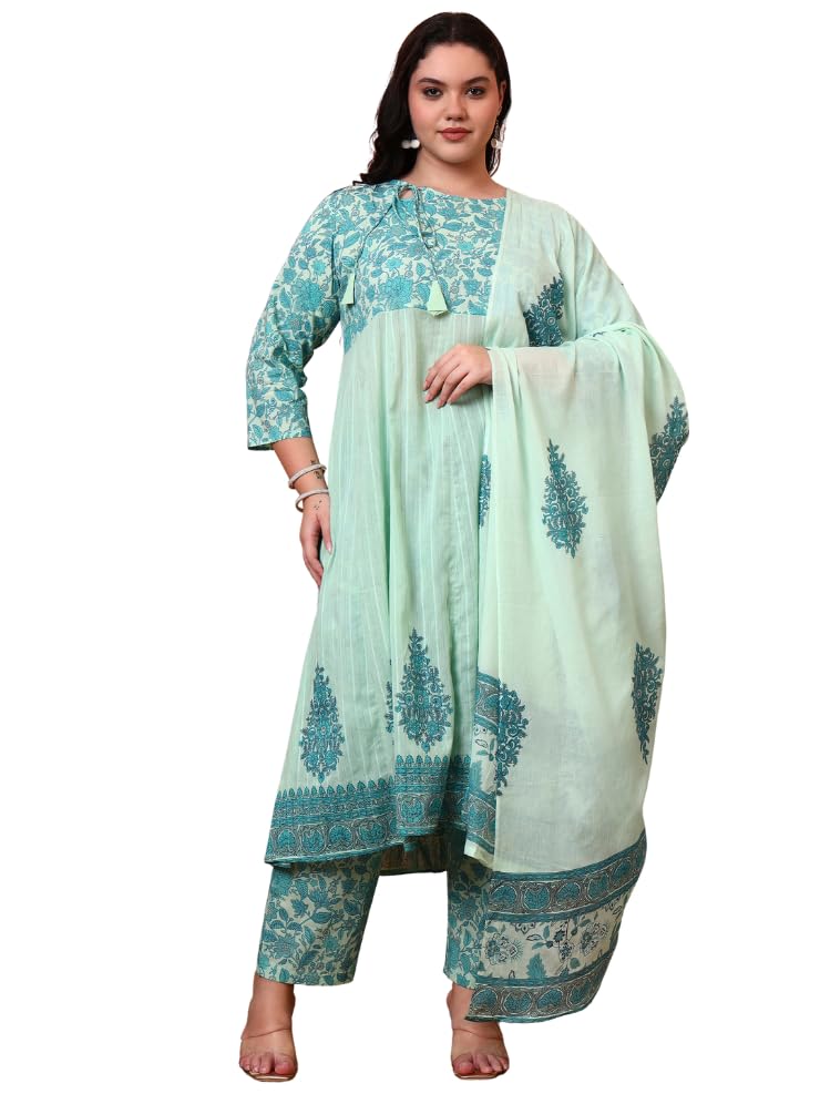 Yash Gallery Women's Green Cotton Dobby Calf Length 3/4th Sleeve Printed Anarkali Kurta Set with Pant & Dupatta - Image 1