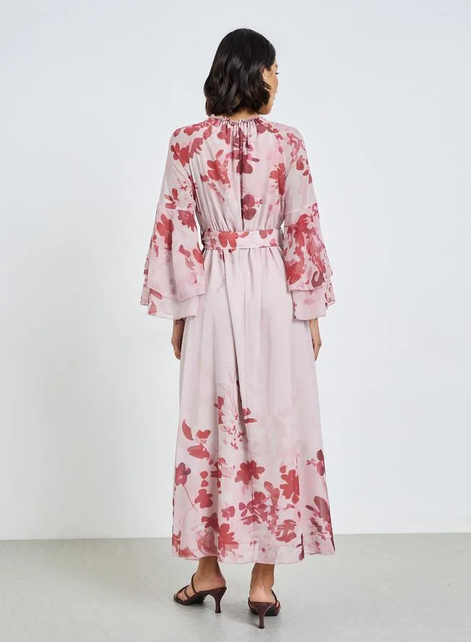 Styli  Pink Floral Maxi Dress with Bell Sleeves for Women | Best Price UAE