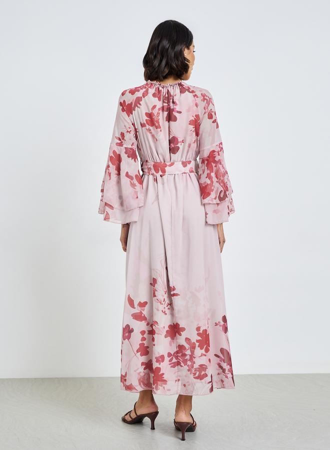 Styli Pink Floral Maxi Dress with Bell Sleeves - Image 3