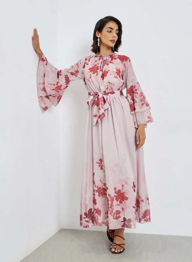 Pink Floral Maxi Dress with Bell Sleeves