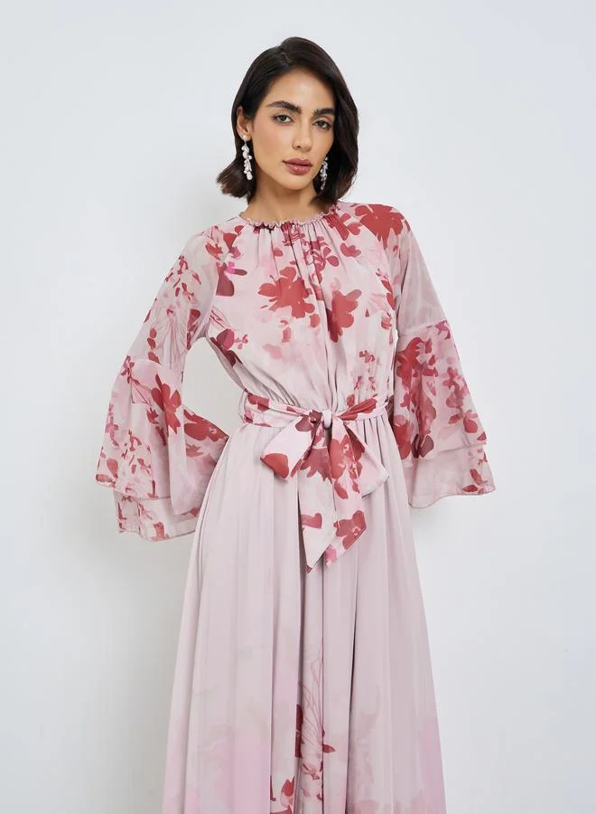 Styli  Pink Floral Maxi Dress with Bell Sleeves for Women | Best Price UAE