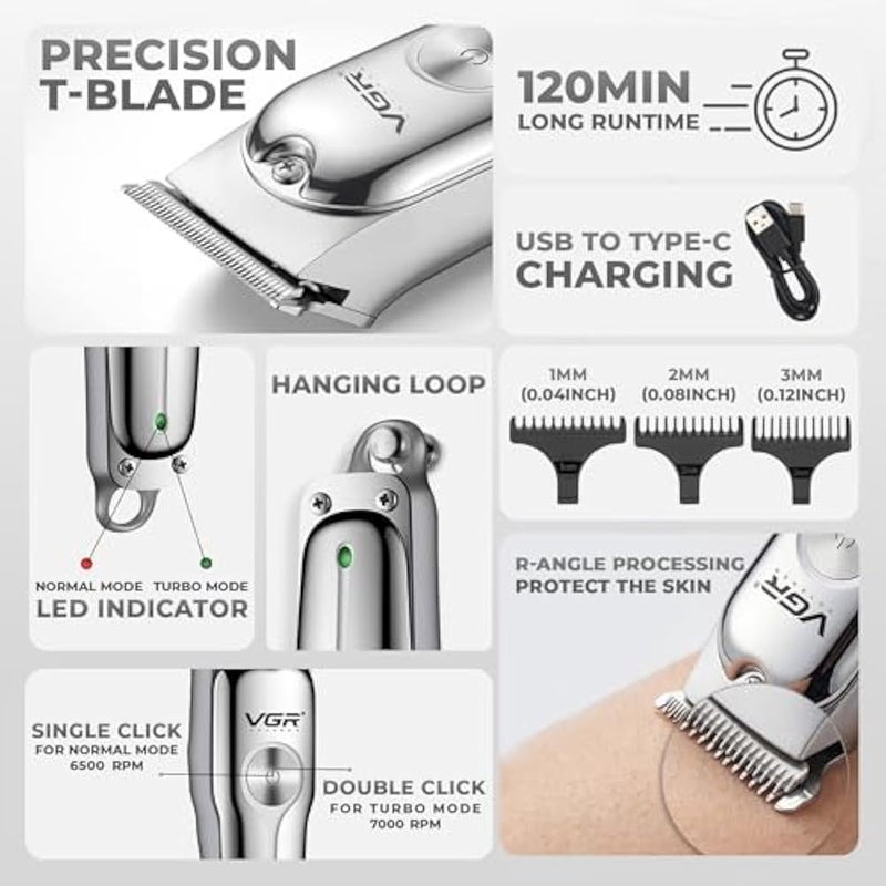 VGR Men's Cordless Professional Hair Clipper Runtime: 120 Min Trimmer with 3 Guide Combs (Silver), Standard - Image 2
