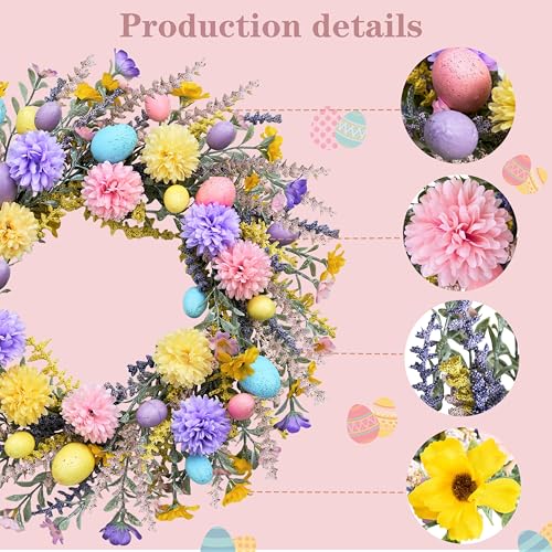 zjlmit Artificial Easter Wreath 20 Inch Easter Wreaths for Front Door with Colorful Eggs Yellow Daisy Purple Lavender and Green Leaves Egg Wreath for Porch Window Farmhouse and Party Decoration - Image 5