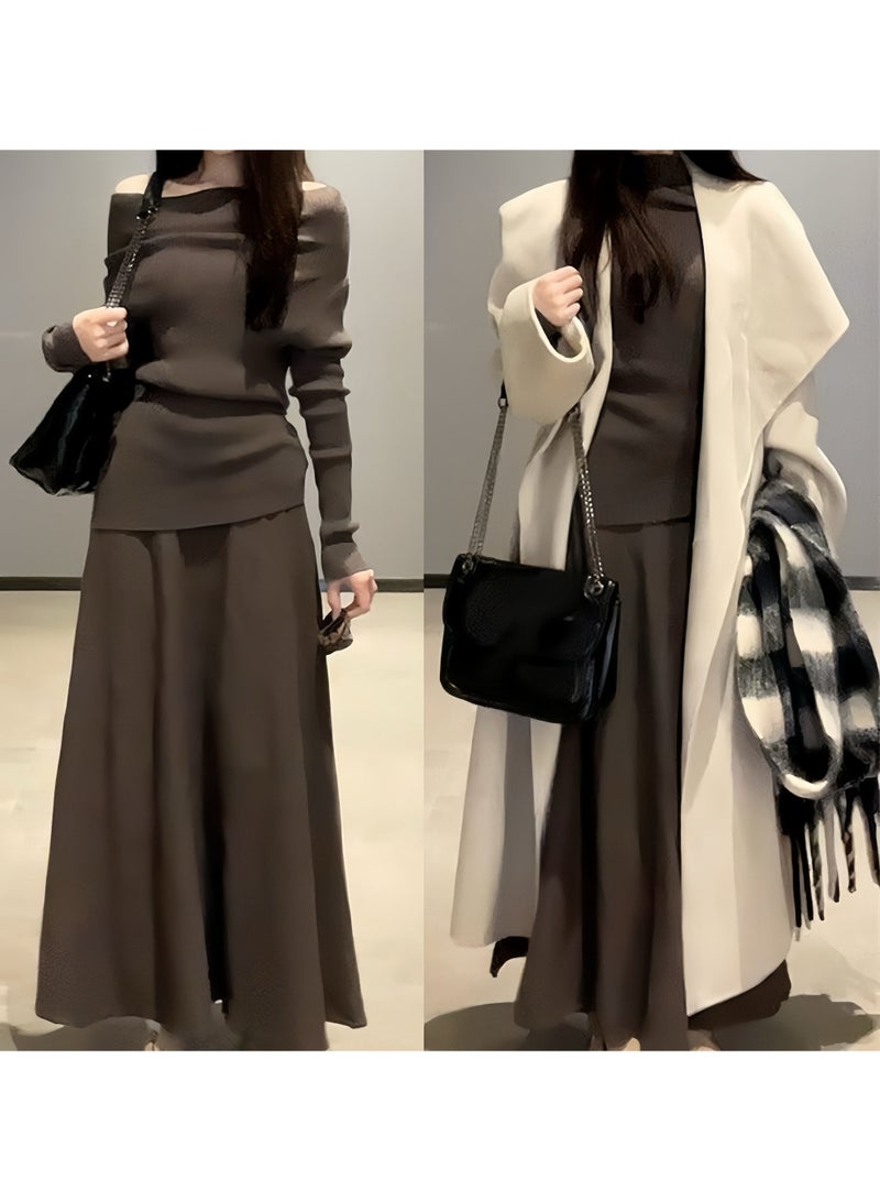Elegant Knit Off-Shoulder Top & Flowy Maxi Skirt Set for Women - Image 1