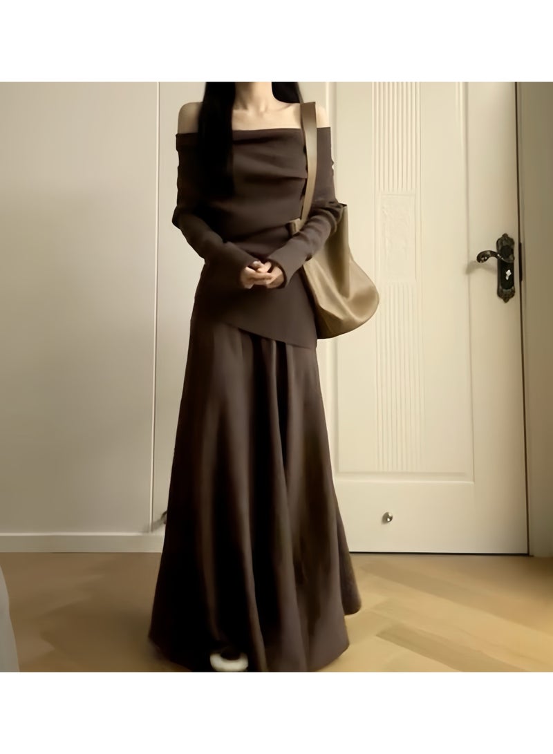 Elegant Knit Off-Shoulder Top & Flowy Maxi Skirt Set for Women - Image 2