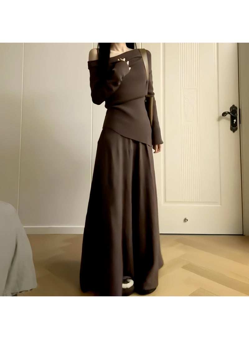 Elegant Knit Off-Shoulder Top & Flowy Maxi Skirt Set for Women - Image 3