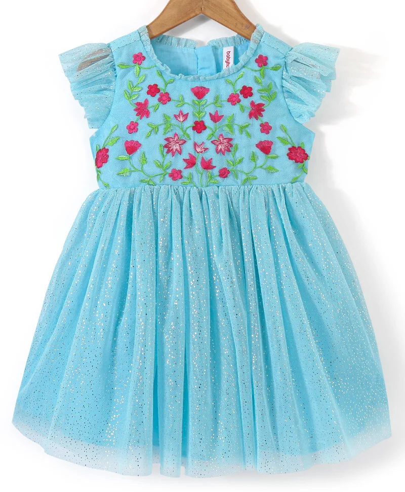 babyhug Babyhug Sleeveless Yoke Embroidered Party Frock - Aqua Blue