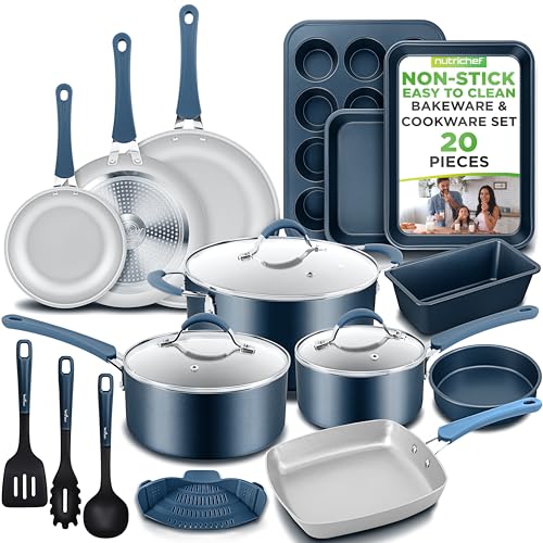 NutriChef Professional 20 Pc Pots and Pans Set Non Stick in Navy Blue - Includes Bakeware & Utensils, Induction Ready, Easy Clean - Image 1