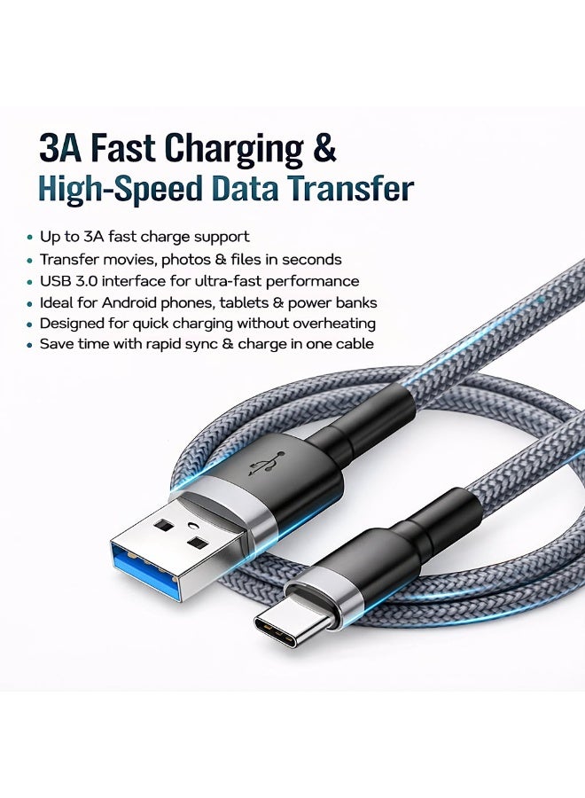 Hamzone USB-Type C - Fast Charging Cable 3A 1M (Pack of 5), Nylon Braided Charger Cord for Samsung, Xiaomi, Huawei, Vivo, OPPO, Tablets, Power Banks, Android Devices - Image 2