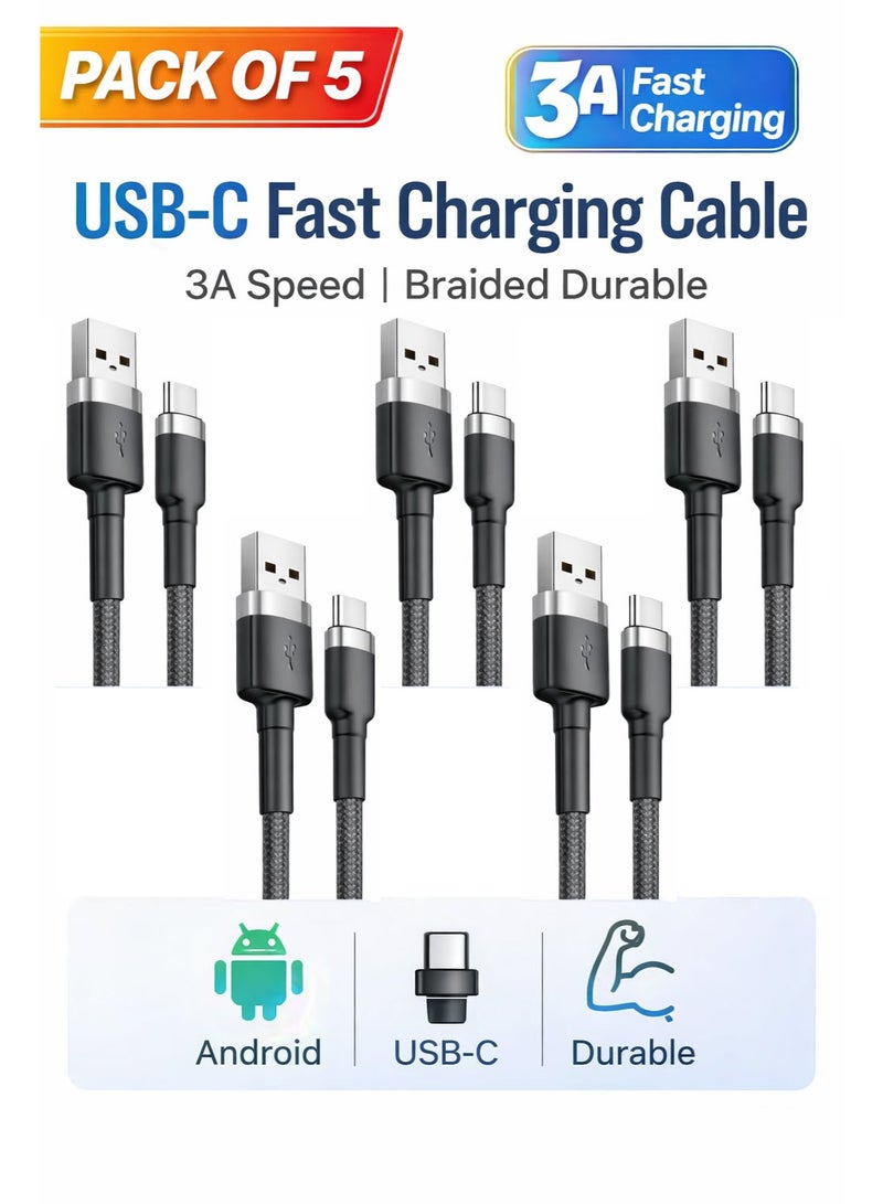 Hamzone USB-Type C - Fast Charging Cable 3A 1M (Pack of 5), Nylon Braided Charger Cord for Samsung, Xiaomi, Huawei, Vivo, OPPO, Tablets, Power Banks, Android Devices - Image 1