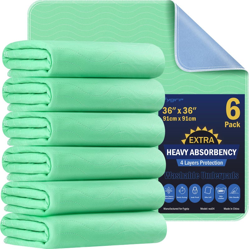 FYGRIP 6 Pack 36â€ x 36â€ Extra Heavy Absorbency Washable Underpads, Waterproof Quick Drying Nursing Pads Incontinence Bed Pads, Reusable Washable Pee Pads for Dogs, Diaper Changing & Adults - Image 1