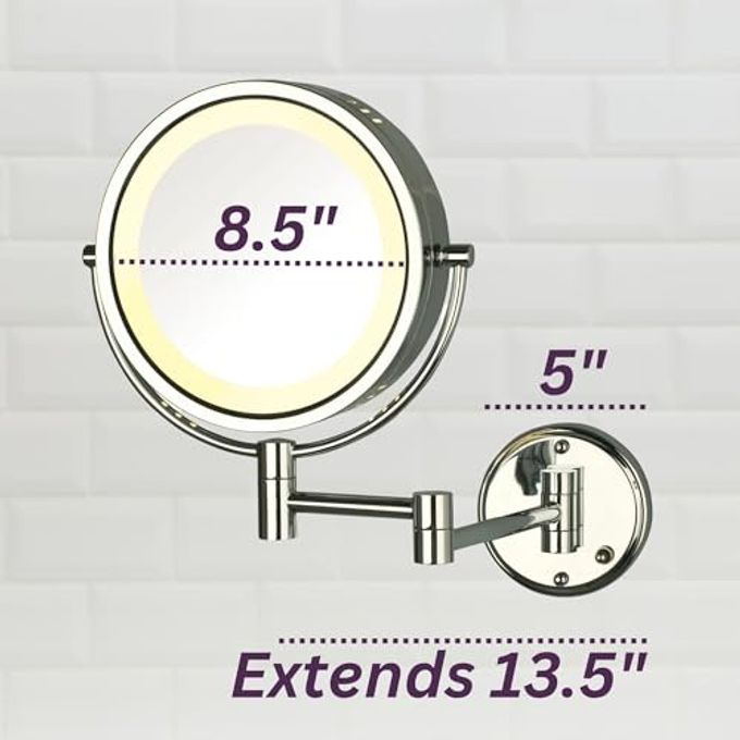 rayihni Wall-Mounted Magnifiying Makeup Mirror with Lights Direct Wire Mirror with Chrome Finish 8X/1X Magnification Model HL75CD - Image 3