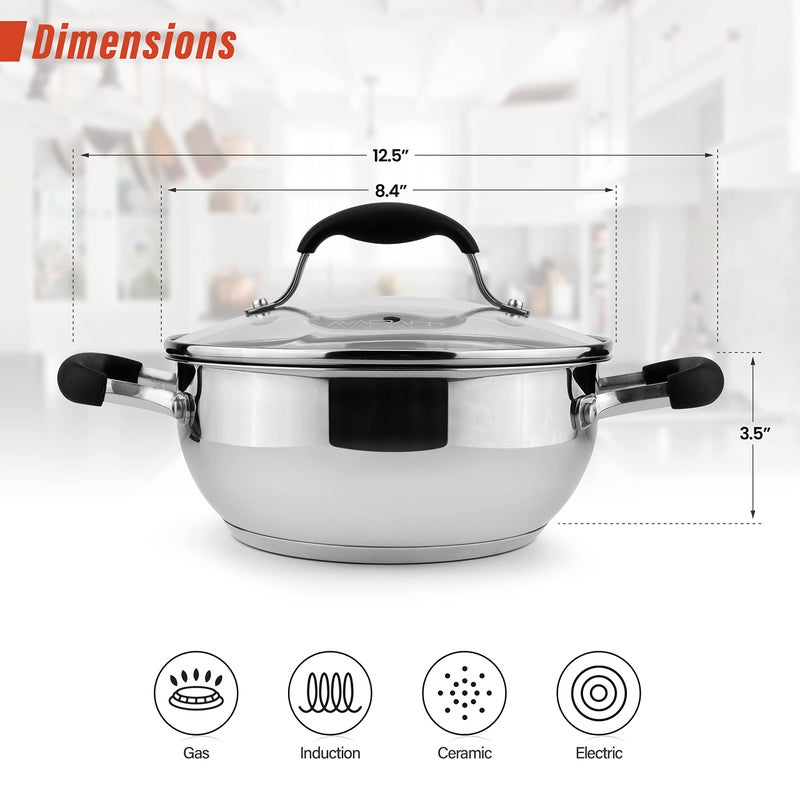 AVACRAFT 18/10 Stainless Steel Everyday Pan, Stir Fry Pan with Five-Ply Base, Chefâ€™s Pan with Glass Lid, Multipurpose Stewpot Skillet, Saute Pan, Casserole in Pots and Pans (8 inch) - Image 3