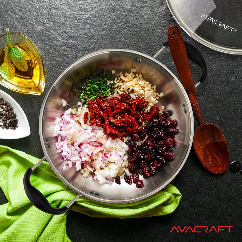 AVACRAFT 18/10 Stainless Steel Everyday Pan, Stir Fry Pan with Five-Ply Base, Chefâ€™s Pan with Glass Lid, Multipurpose Stewpot Skillet, Saute Pan, Casserole in Pots and Pans (8 inch) - Image 4