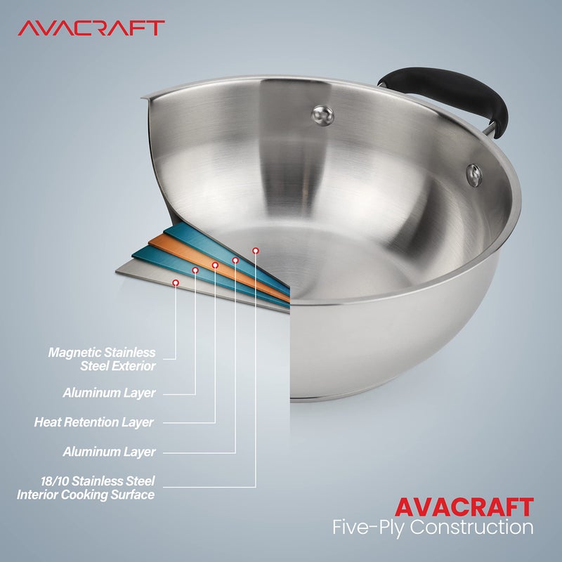 AVACRAFT 18/10 Stainless Steel Everyday Pan, Stir Fry Pan with Five-Ply Base, Chefâ€™s Pan with Glass Lid, Multipurpose Stewpot Skillet, Saute Pan, Casserole in Pots and Pans (8 inch) - Image 5
