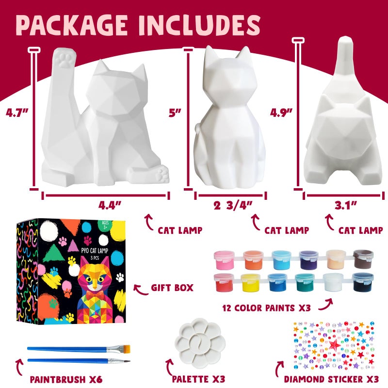 Goody King طلاء طقم مصباح القط الخاص بك 3 قطع DIY Cat Crafts Night Light Arts & Crafts للأطفال الذين تتراوح أعمارهم بين 8-12 طقم طلاء للفتيات والأولاد سن 4 5 6 7 8+ لوازم فنية هدية إبداعية لحفلة عيد الميلاد - Image 2