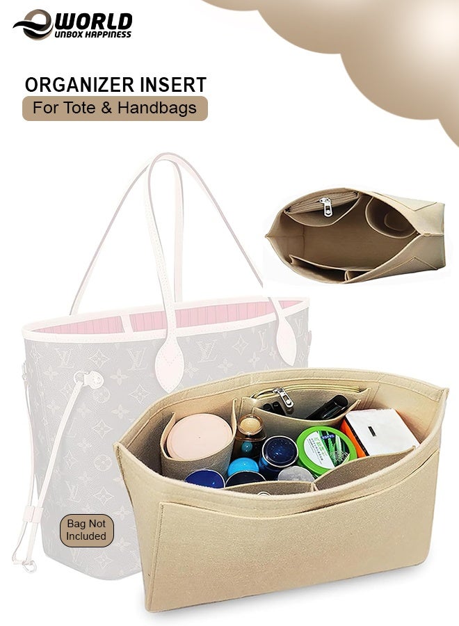 Eworld Purse Organizer Insert for Purse & Tote Bags – Multi-Pocket Soft Felt Handbag Organizer, Folding Tote Bag Insert for Wallets & Accessories, Beige - Image 1