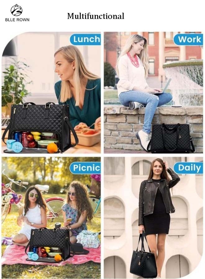 بليه روان حقيبة يد نسائية متعددة الوظائف حقيبة يد نسائية أنيقة سوداء مبطنة أنيقة مبطنة للسيدات مع مقصورة معزولة سعة كبيرة لحمل حقيبة الكتف للأمهات/المكتب/خارج المنزل - Image 4