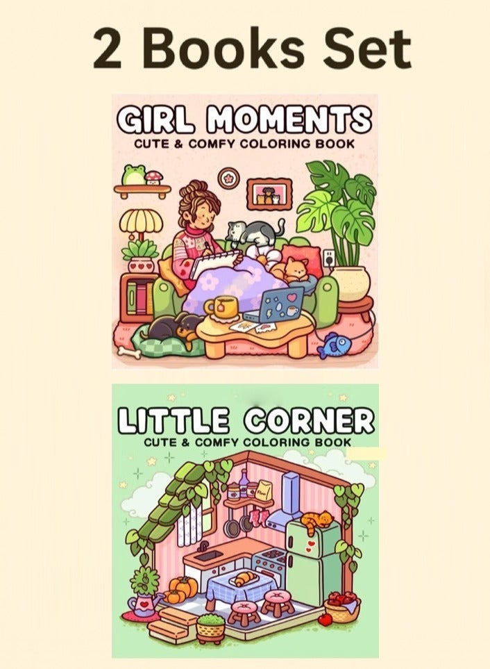 Girl Moments + Little Corner 2-Book Set: Relaxing Coloring Books for Adults, Kids & Teens – Cute & Cozy Daily Activities & Cozy Spaces, Mindfulness & Stress-Relief Art Therapy, Family Bonding Activity - Image 1