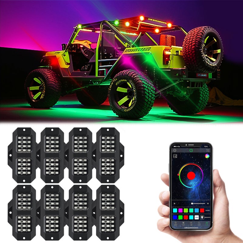 8PCS LED Rock Light Kits Colorful Car LED Light APP Control Light Strips IP68 Waterproof Brightness Adjustment BT 5.0 Connection Synchronized with Music for Off Road Truck SUV ATV UTV Boats - Image 2