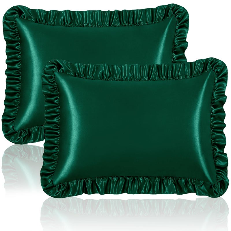 Homiest Ruffle Satin Pillowcase for Hair and Skin  Standard Satin Pillow Covers Silky Pillow Cases Set of 2  Satin Ruffled Pillowcase with Envelope Closure  Anti Wrinkle Pillow Shams (Blackish Green) - Image 1