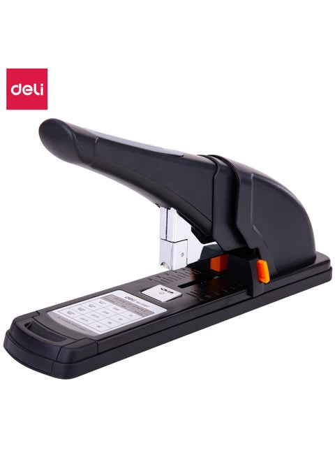 Deli E0387 Heavy Duty Stapler for 80 Sheets - Black, Front Loading, Jammed Staple Remover, TPE Comfort Grip, Staple Storage Included
