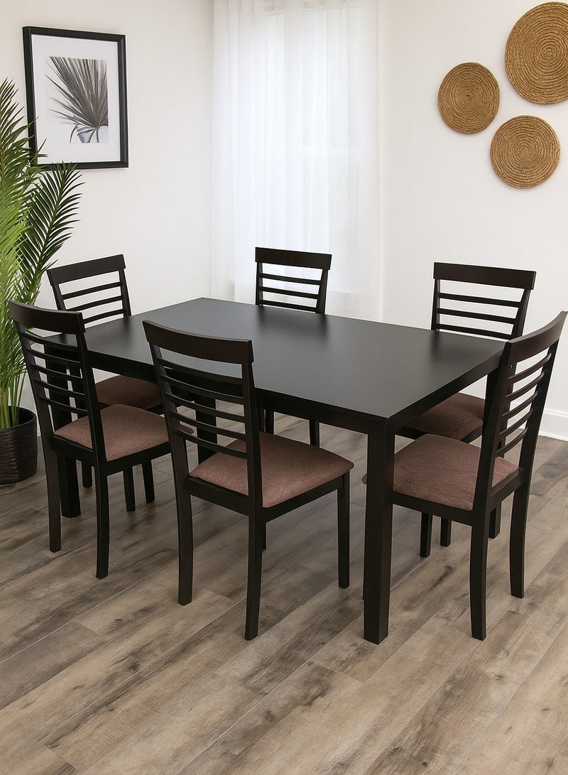 AFT Contemporary 6-Seater Wooden Dining Set Featuring a Sleek Dark Brown Rectangular Table and Upholstered Cushioned Chairs – Ideal for Family Gatherings, Offering Comfort and Elegance. (Arfan) - Image 1