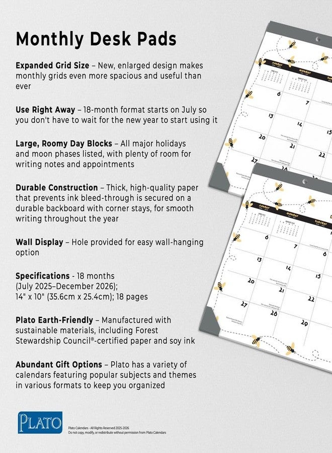 Plato Busy Bees | 2026 14 x 10 Inch 18 Months Monthly Desk Pad Calendar | July 2025 - December 2026 | Plato | Planning Stationery - Image 5